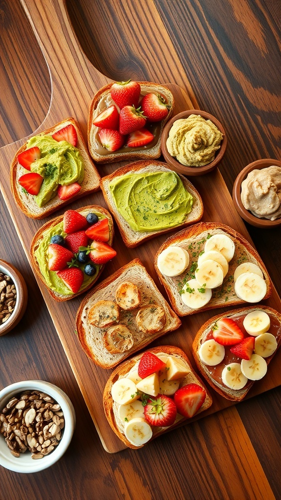 A colorful toast bar with various toppings including avocado, peanut butter, and fresh fruits on toasted bread.